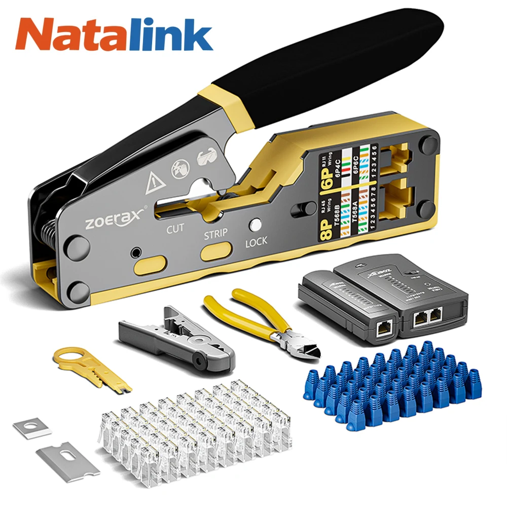 Natalink 8 в 1 набор инструментов для обжима RJ45, инструмент для обжима, тестер кабеля, резак для проволоки, лезвия, 50 шт. разъемов Cat 6 и ботинки для снятия натяжения