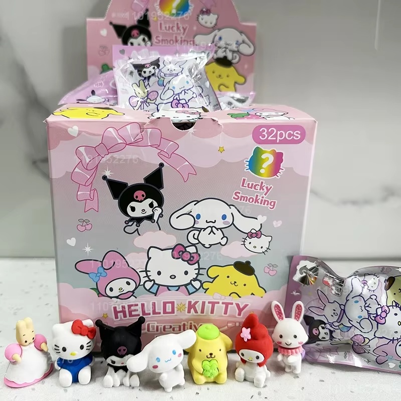 32 unids/caja Sanrio borrador de lápiz Hello Kitty My Melody Kuromi Cinnamoroll borrador de papelería para estudiantes útiles escolares para niños al por mayor