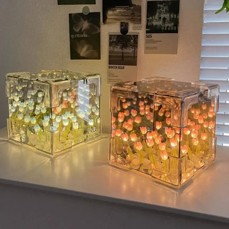 New Tulip Nightlight Handmade DIY Material Cube Tulip Mirror Bedroom Decor Atmosphere Flower Lamp Valentine's Day Birthday Gift