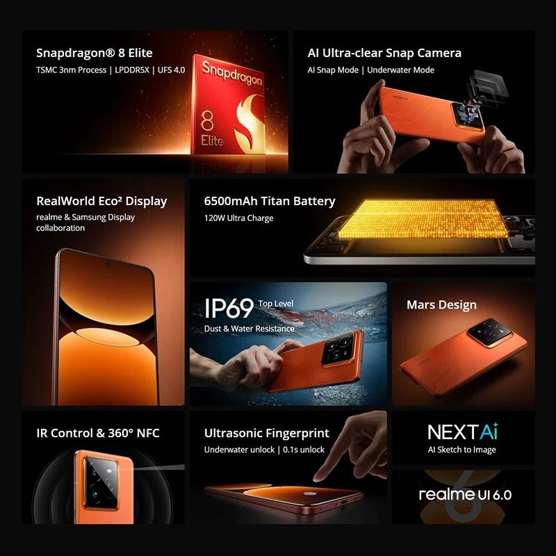 Globale Version Realme GT 7 Pro 5G Smartphone Snapdragon 8 Elite AI Ultraklare Snap-Kamera RealWorld Eco2-Display 6500 mAh NFC