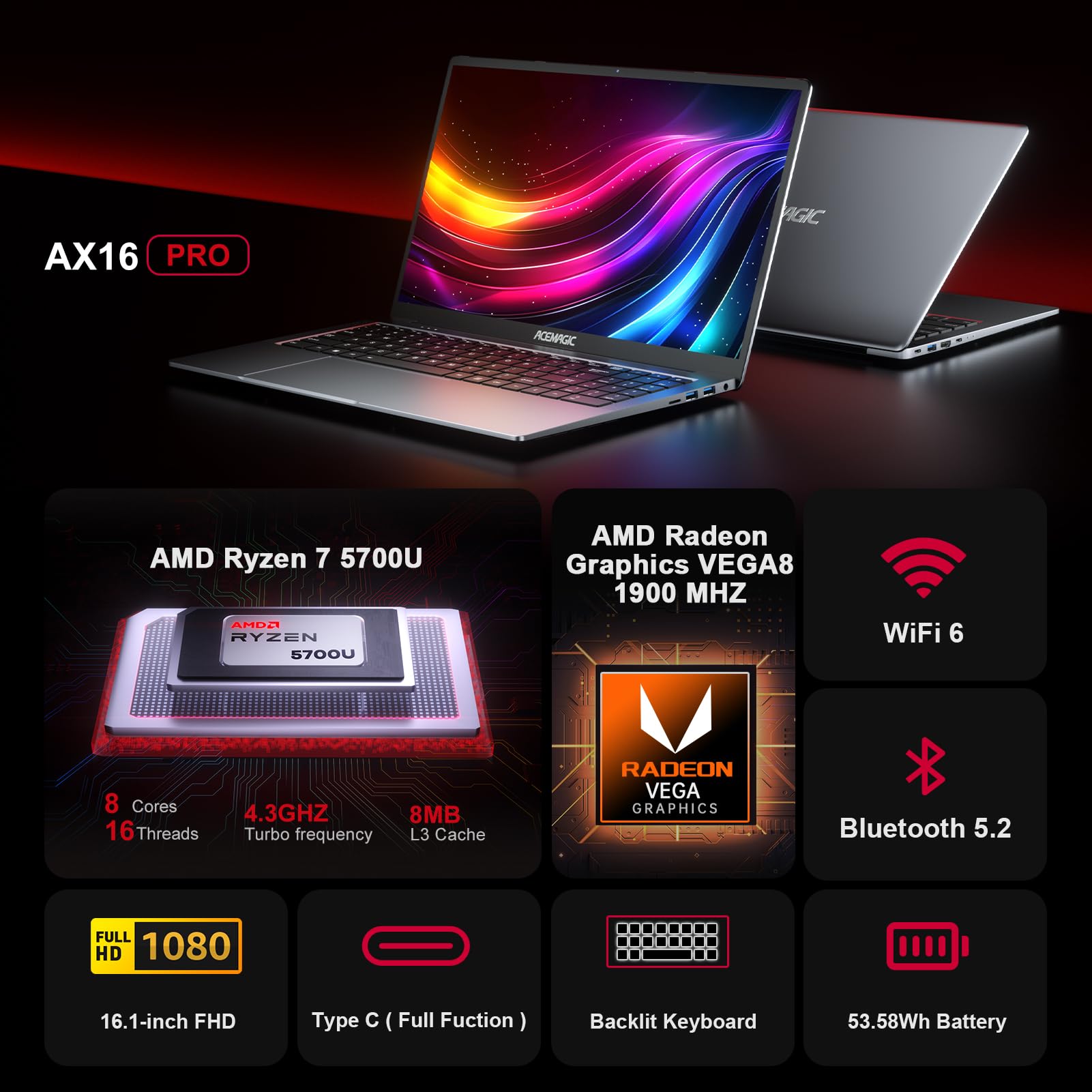 ACEMAGIC Gaming Notebook 16,1 FHD 1920*1080 16GB DDR4 512GB SSD AMD Ryzen 7 5700U Notebook Windows 11 Home BT5.2 WiFi 6 portátil