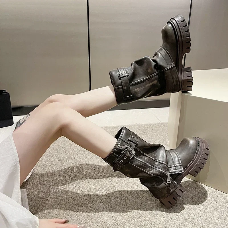 Sepatu Wanita 2025 Sepatu Bot Wanita Ritsleting Samping Retro Kualitas Tinggi Sepatu Bot Hak Tebal Platform Tabung Tengah Solid Ujung Persegi Musim Dingin