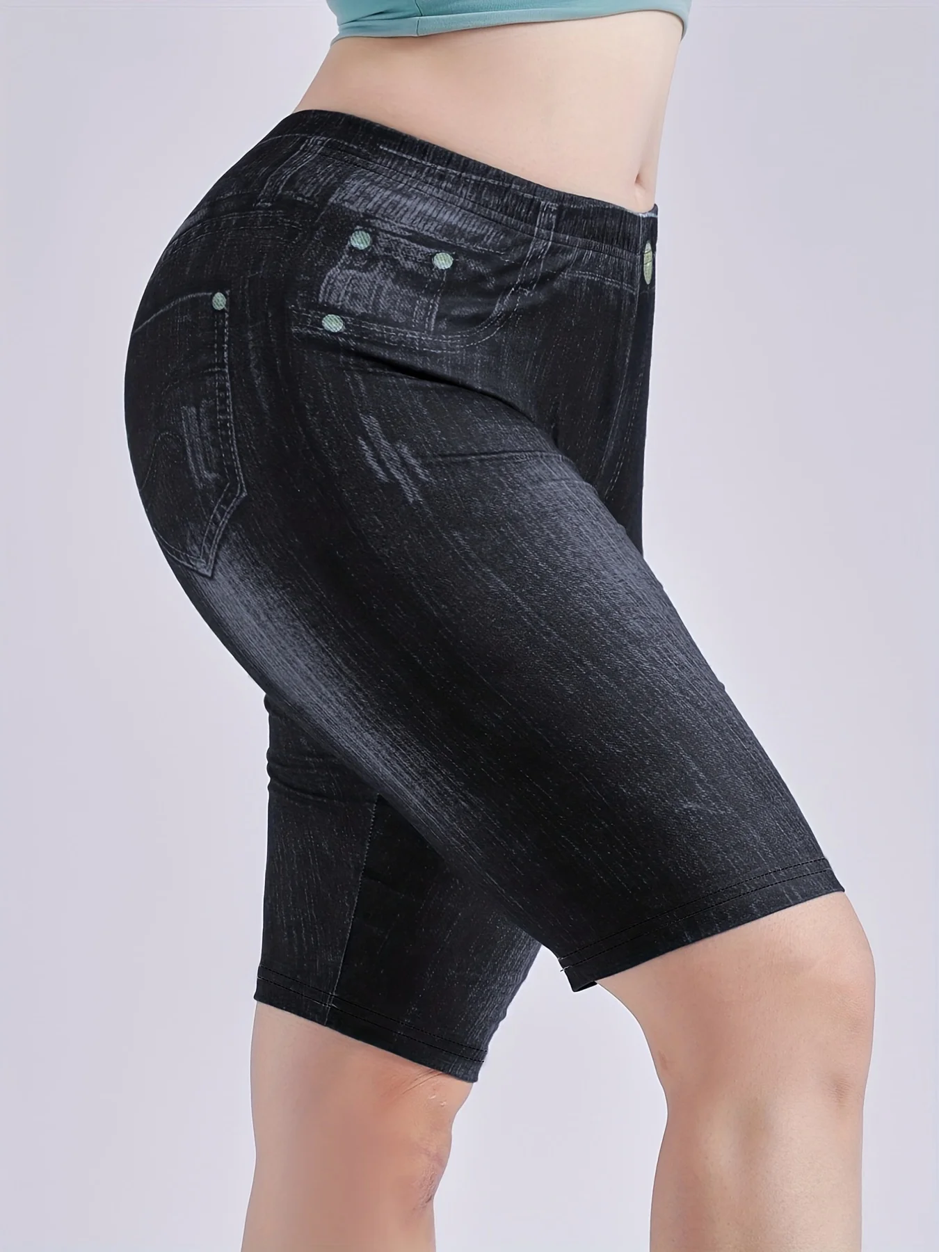 Damen schwarze Imitation Denim Shorts Slim Fit Leggings lässige Damen Leggings bequeme Stretch hose