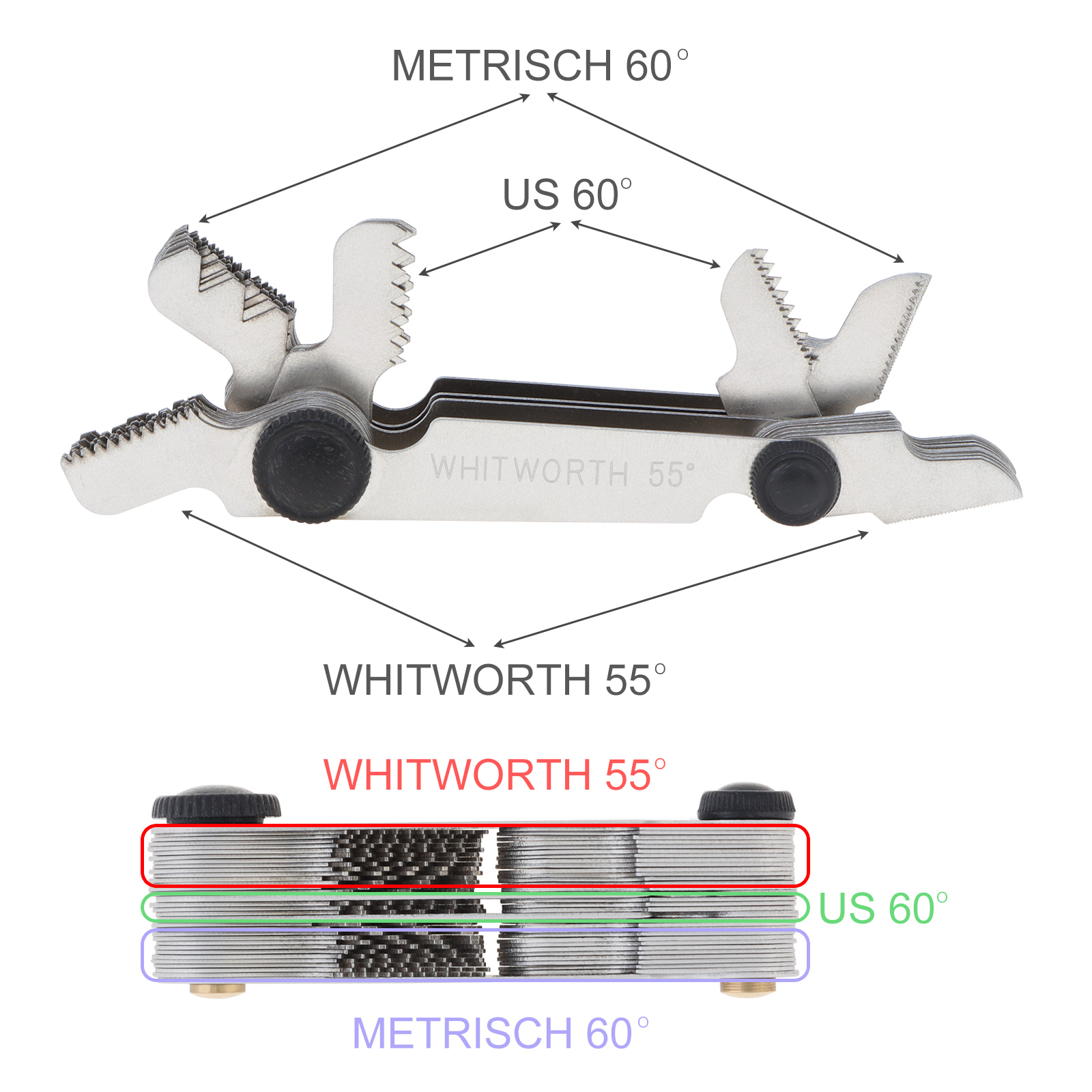 Metric Imperial 58pcs Blade US Screw Gauge SAE Whitworth 55 Degree and Metrisch 60 Degree Thread Pitch Gauge for Measuring Tool