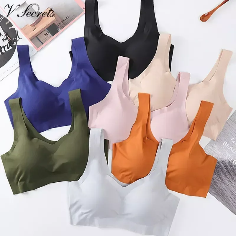 2024 Women Seamless Ice Silk Bra Removable Chest Pad Lifting Bralette Underwear No Steel Ring Breathable Push Up Yoga Vest Bras