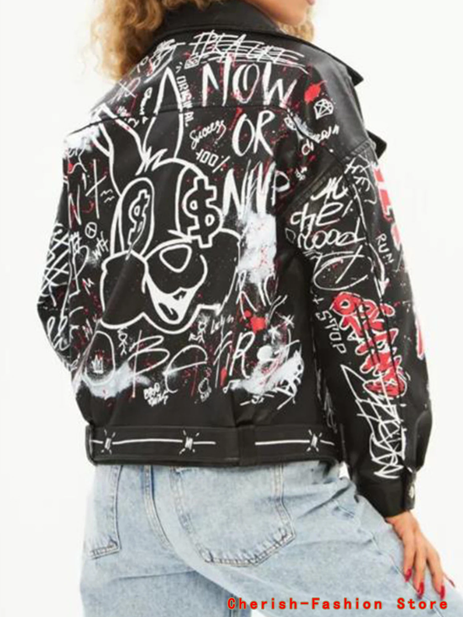 Mulheres outono inverno falso jaquetas de couro macio casacos senhora branco preto plutônio rebite zíper epaulet impressão 3d motocicleta streetwear