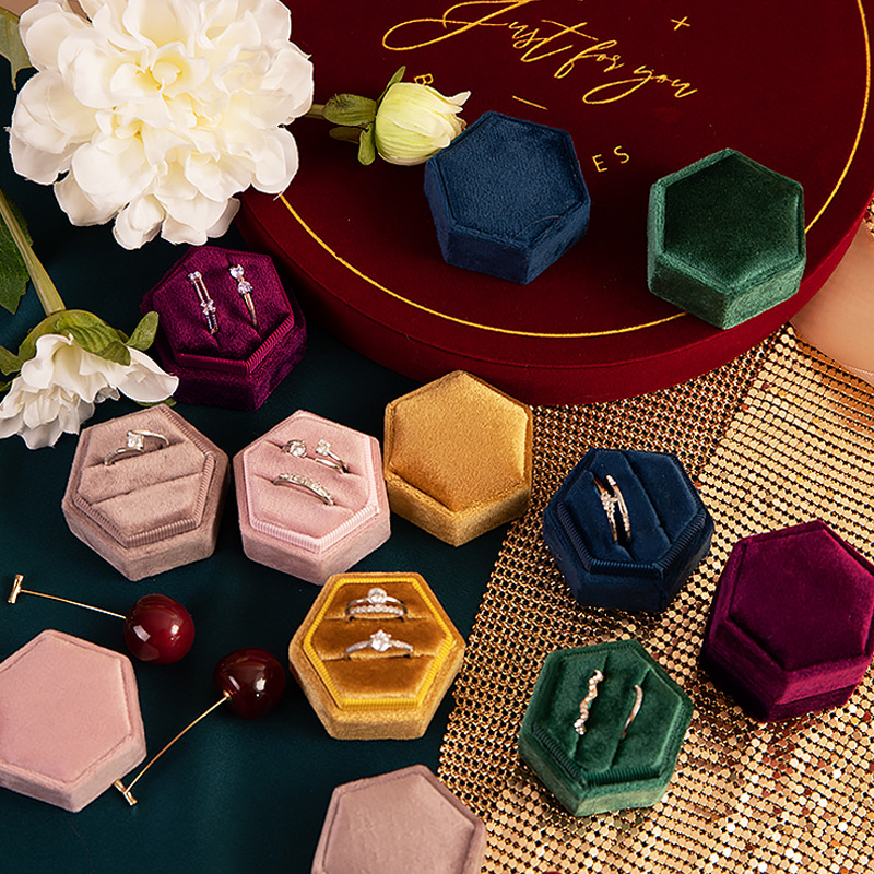 Vintage Sechseck Samt Schmuck Doppel Ring Box Leere Fall Halter für Verlobung Hochzeit Zeremonie Valentinstag Geschenk Organizer