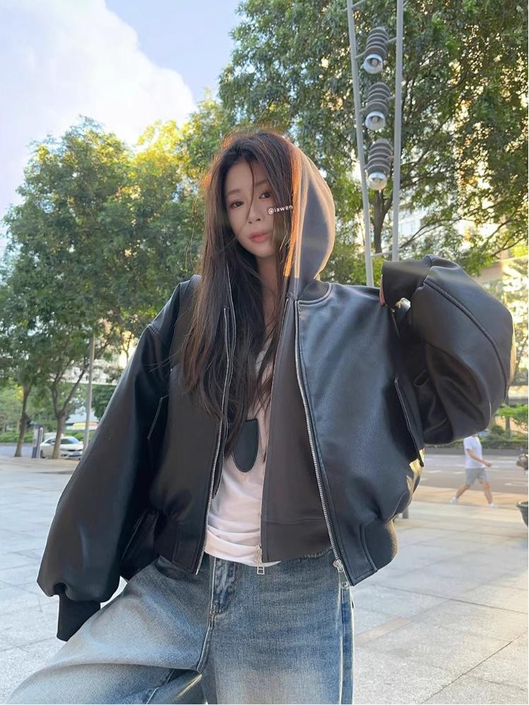 Black Zipper Stand Collar PU Leather Jacket Women's Autumn Winter Loose Casual Motorcycle Jacket Vintage American Sle