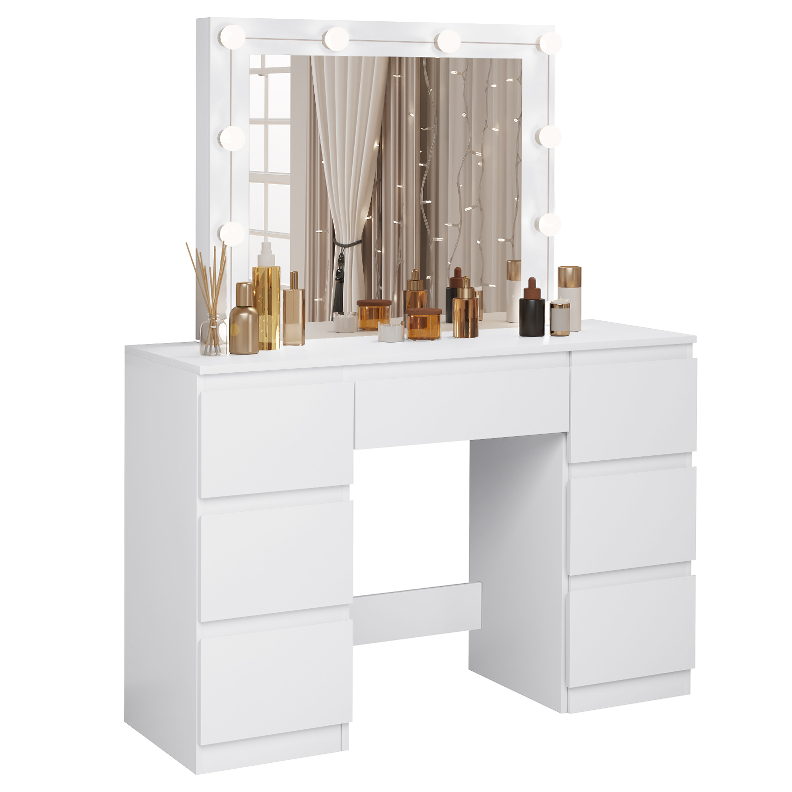 Toeletta Vanity con illuminazione a LED Luminosità regolabile Tavolo cosmetico Specchio grande 7 cassetti per camera da letto per ragazze e donne