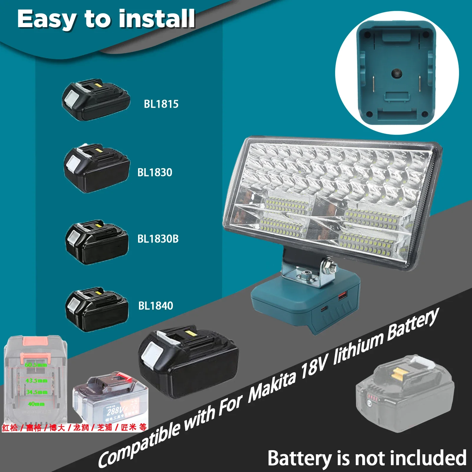Lámpara LED de trabajo para coche, linterna, foco tipo C, Banco de energía USB para Makita Lomvum Zhipu Hongsong, batería de iones de litio de 18V