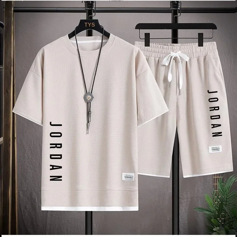 Conjunto de gofres de verano para hombre, camiseta informal de moda de marca + pantalones cortos, conjunto deportivo holgado, cómodo, para correr rápido, 2024
