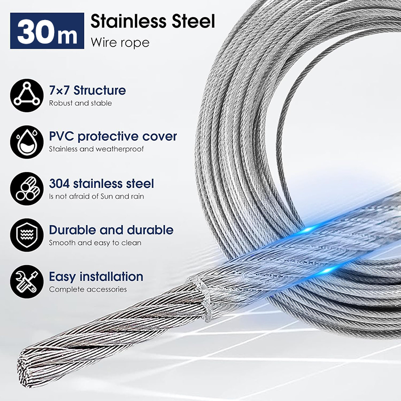 Kit de suspensión de cuerda de alambre de acero inoxidable 304, accesorios de iluminación de jardín, tensor de gancho, ropa recubierta de PVC, 20M/30M, 3mm