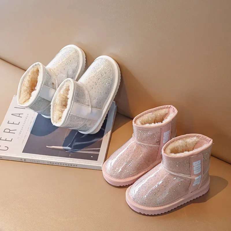 Botas de felpa de algodón cálidas para invierno, botas de nieve antideslizantes con purpurina transparente, zapatillas informales para niña