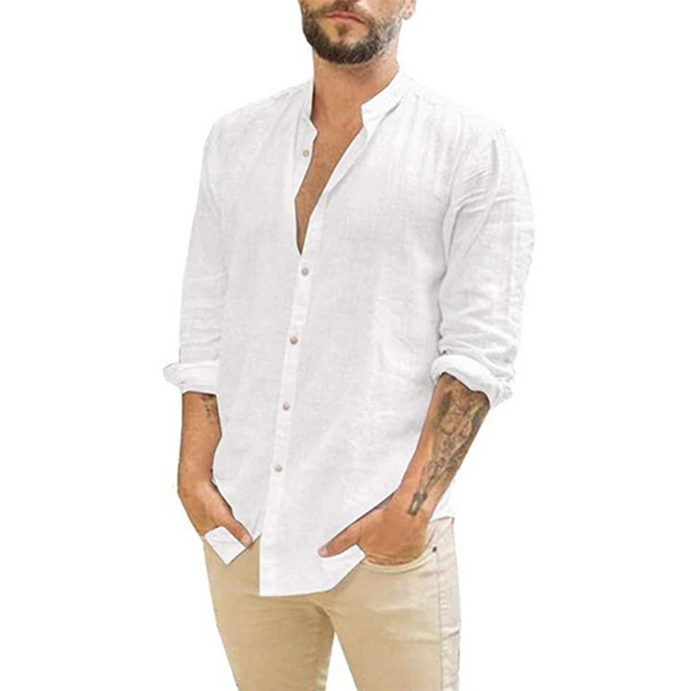 ผ้าฝ้ายลินินขายร้อนเสื้อแขนยาวผู้ชายฤดูร้อนสีทึบ Stand-Up COLLAR Casual Beach สไตล์ PLUS ขนาด