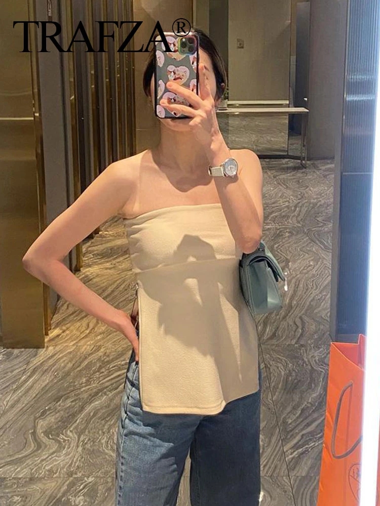 TRAFZA Women's Strapless Tube Corset Side Zipper Tops Solid Vintage Off Shoulder Lady Sexy Slim Backless Bustiers Tops