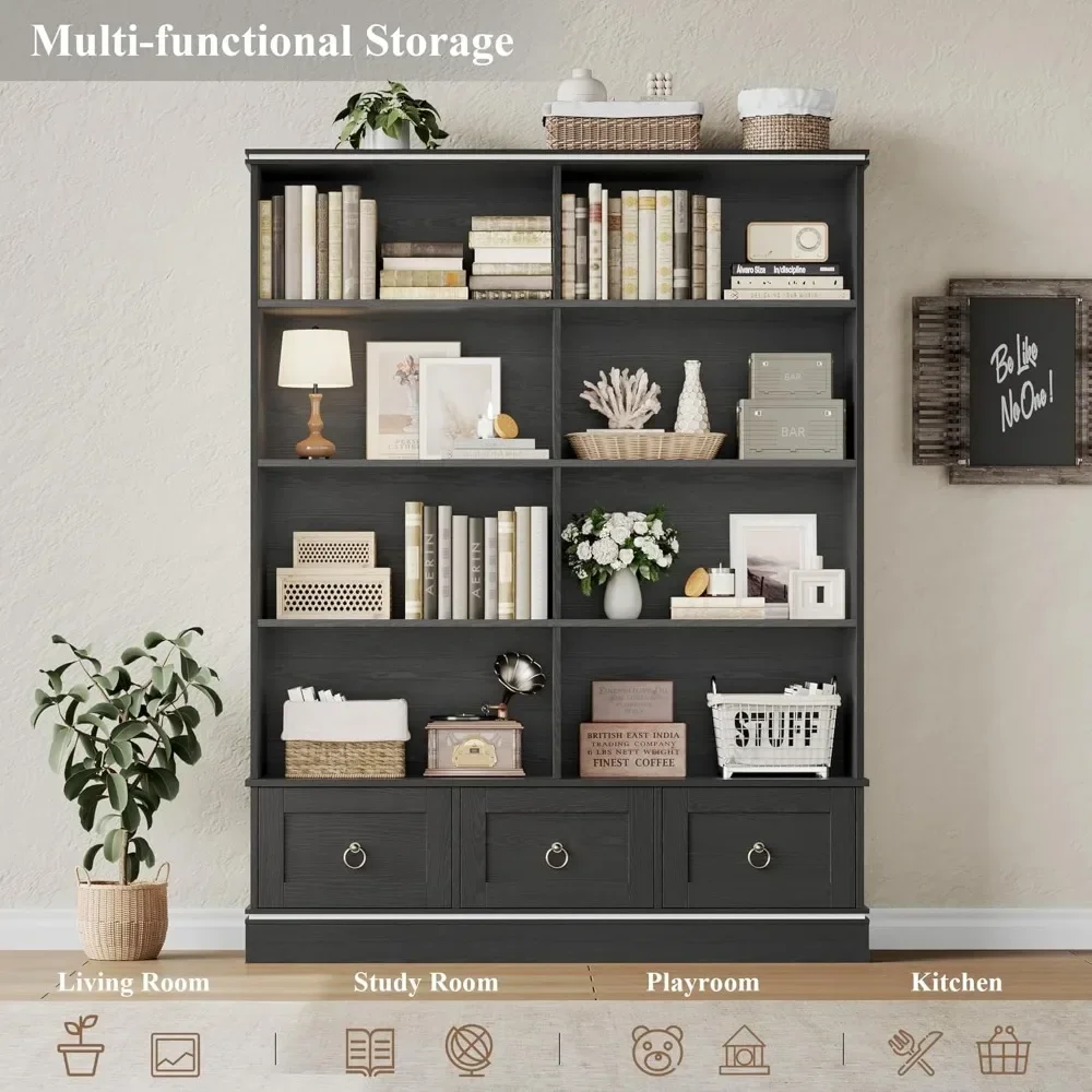 Farmhouse Bookshelf and Bookcase, 47" Wide Bookcase with Drawers, 5 Tier Book Shelves with Storage, Large Display Shelve