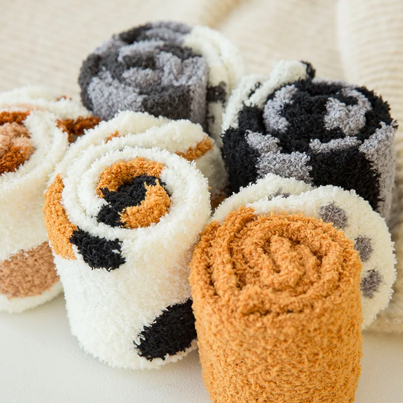 ผู้หญิงฤดูหนาว WARM Fluffy ถุงเท้าสัตว์น่ารัก Claw Cat PAW Footprint Fuzzy ถุงเท้าหญิงหนาขนแกะปะการังชั้น Sleep ถุงเท้า