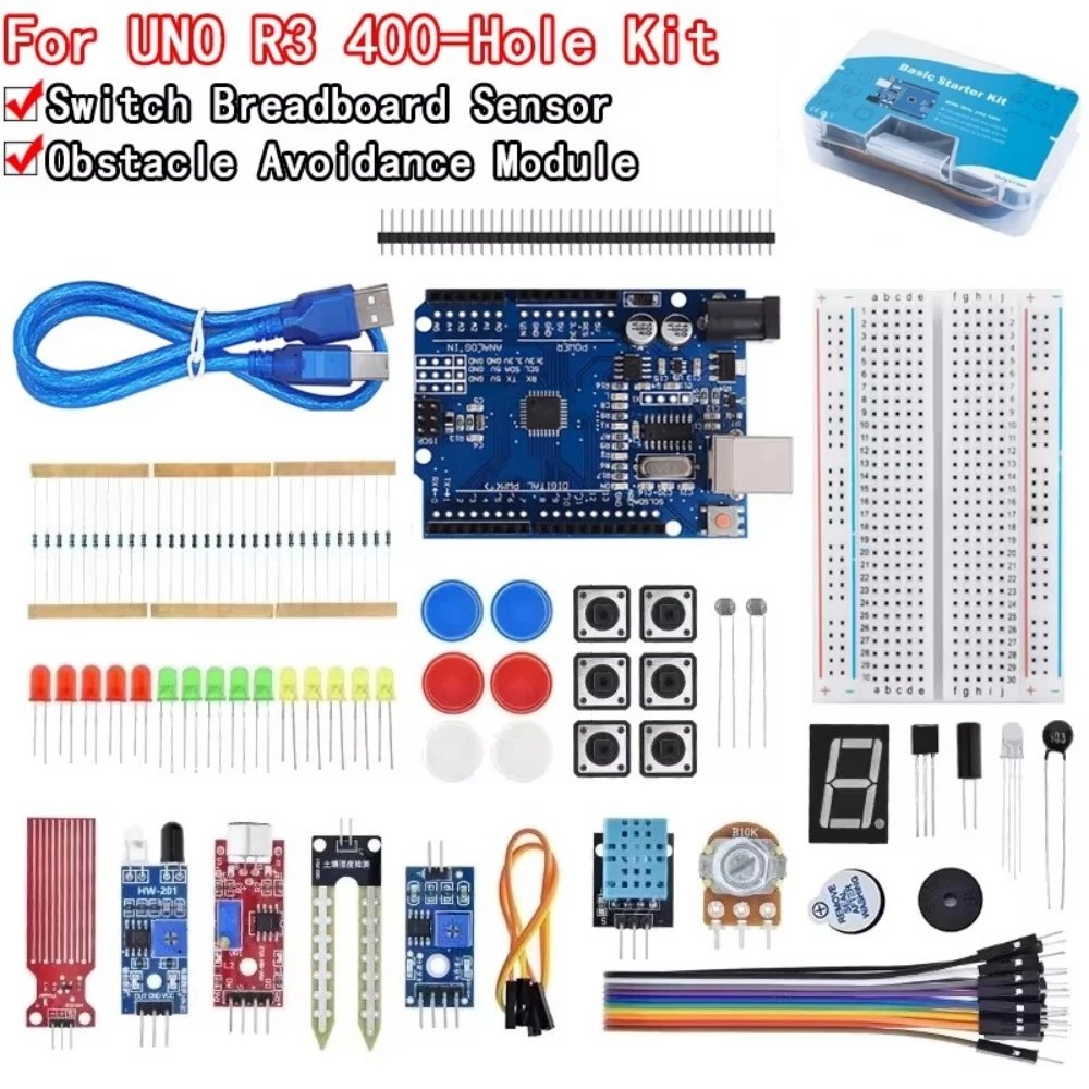 Kit de iniciación de proyecto DIY de placa de pruebas de 400 puntos de amarre para Arduino UNO R3, Kit electrónico DIY, juego de componentes electrónicos con caja