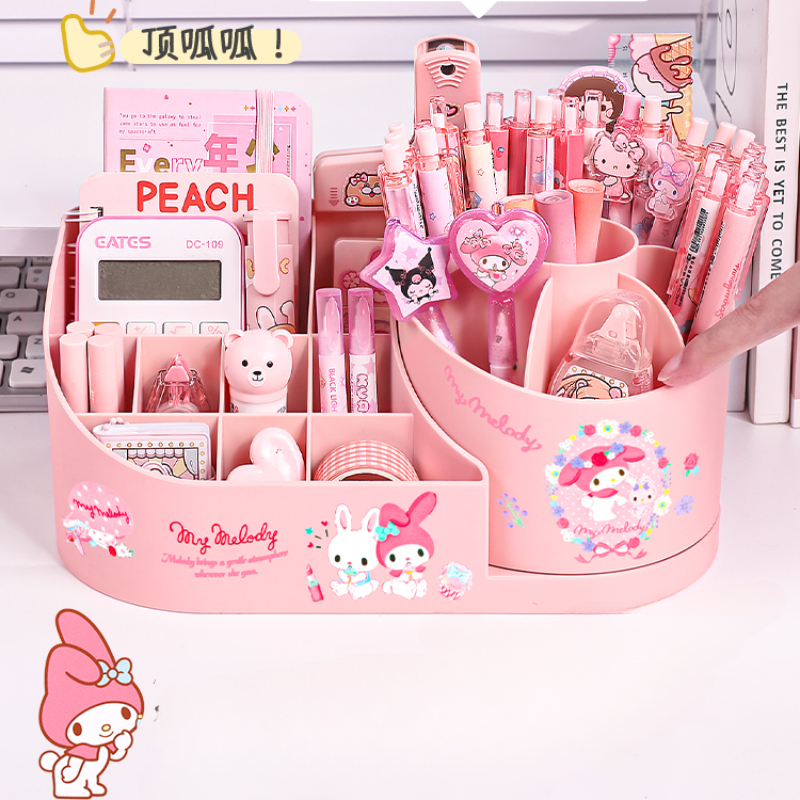 Miniso Sanrio Rotating Pen Holder Stationery Storage Box Cute Storage Rack Large Capacity Organizer Kawaii Kuromi Melody Sticker