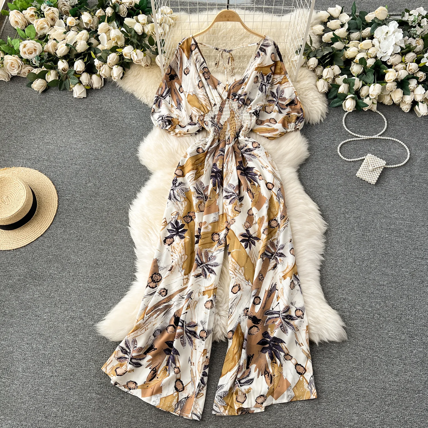 V-Hals Sexy Dolman Mouwen Taille Slanke Bloemenprint Jumpsuit Vrouwen Wijde Pijpen Broek Jumpsuit