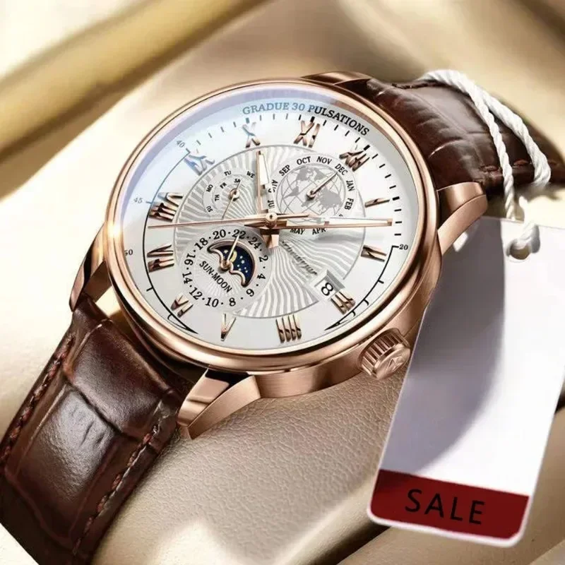 Luxury Man Watch Waterproof Chronograph Moon Phase Pattern Luminous Men's Wristwatch PU Leather Men Quartz Watches Casual Clock