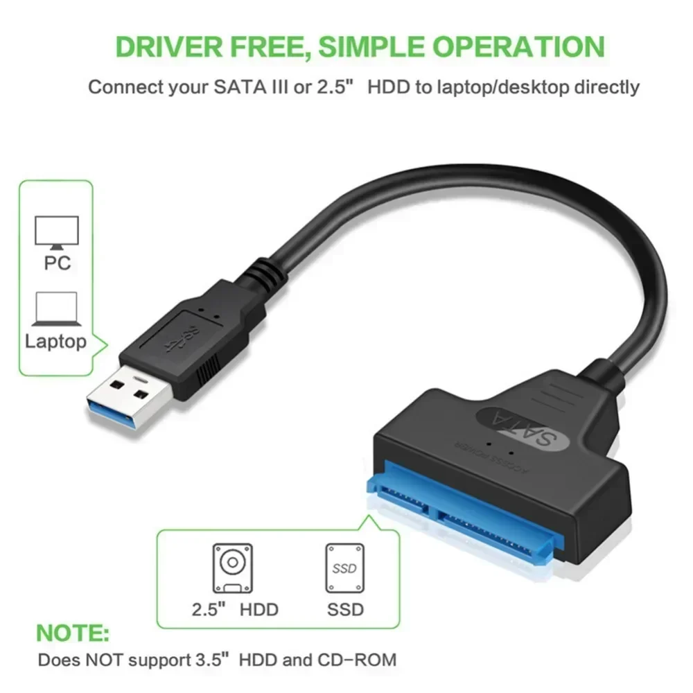 Cable Sata de hasta 6 Gbps compatible con disco duro externo HDD SSD de 2,5 pulgadas Cable Sata III de 22 pines adaptador SATA a USB 3,0/2,0/tipo C