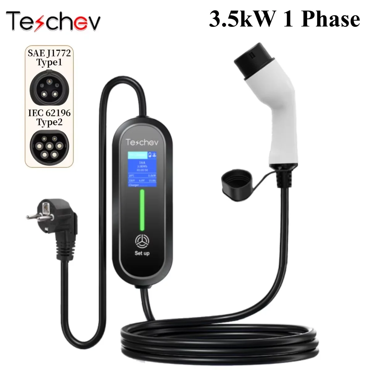 Teschev 220V 230V Przenośna Ładowarka EV Wallbox 16A Typ 1 J1772 Kabel Ładujący Typ 2 Przewód IEC62196 Wtyczka Schuko do Samochodu Elektrycznego