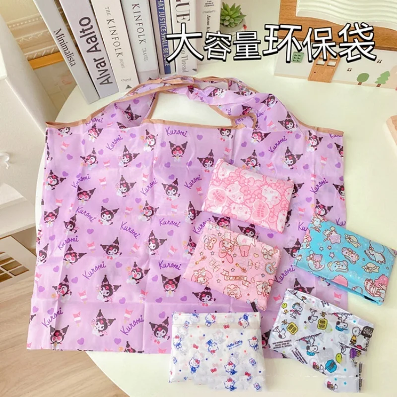 Sanrio กระเป๋าช้อปปิ้ง Hello Kitty My Melody Kuromi แบบพกพาเป็นมิตรกับสิ่งแวดล้อมซูเปอร์มาร์เก็ตขนาดใหญ่ Stora Cinnamoroll ช้อปปิ้งพับได้ Ba