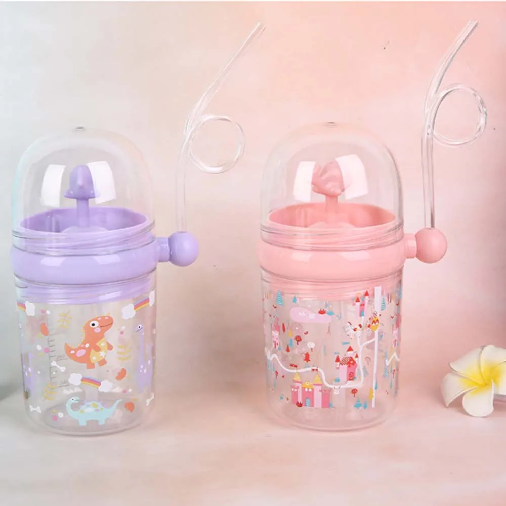 Botol Minum Anak 250ml Motif Kartun dengan Sedotan, Gelas Plastik untuk Anak