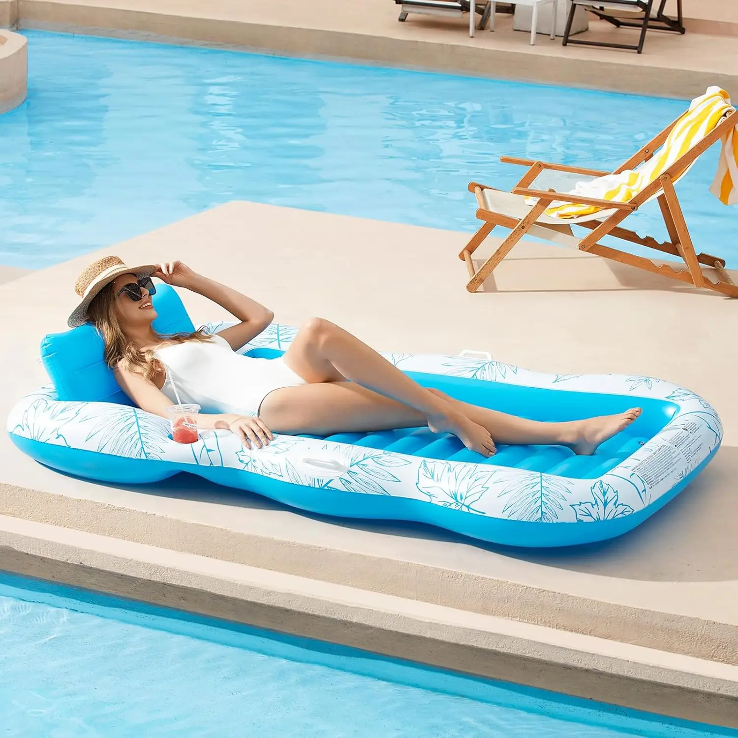 PVC Inflatable Pool Lounger Float 82*54 Inch Beach Sun Tanning Float Raft With Drink Holder Swimming Mattress Mat