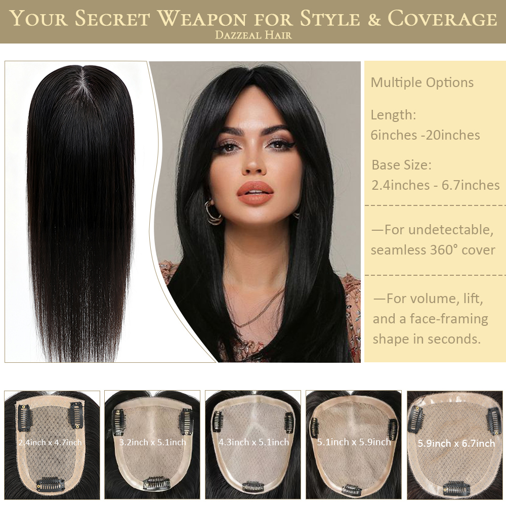 Dazzeal Base en soie Topper pour femmes naturel Europe Extensions de cheveux humains pince ins postiche droite Base en soie cheveux humains Toppers