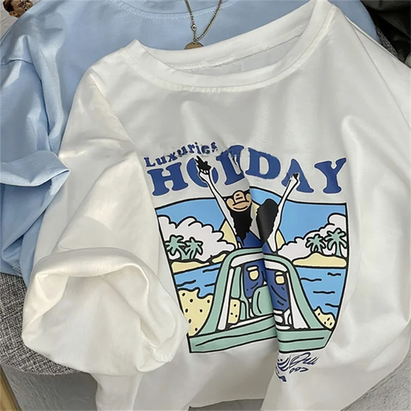レトロアメリカンコットン半袖レディース Tシャツ夏ルーズシックトップホワイト香港スタイルトレンディラウンドネックプリント Tシャツ