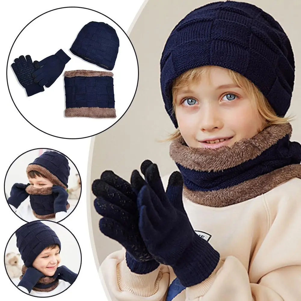Winter-Kindermütze, Handschuhe, Schal-Set, gemütlicher Halswärmer, Fünf-Finger-Handschuhe und Strickmützen für Kinder und Jungen mit Plüschfutter