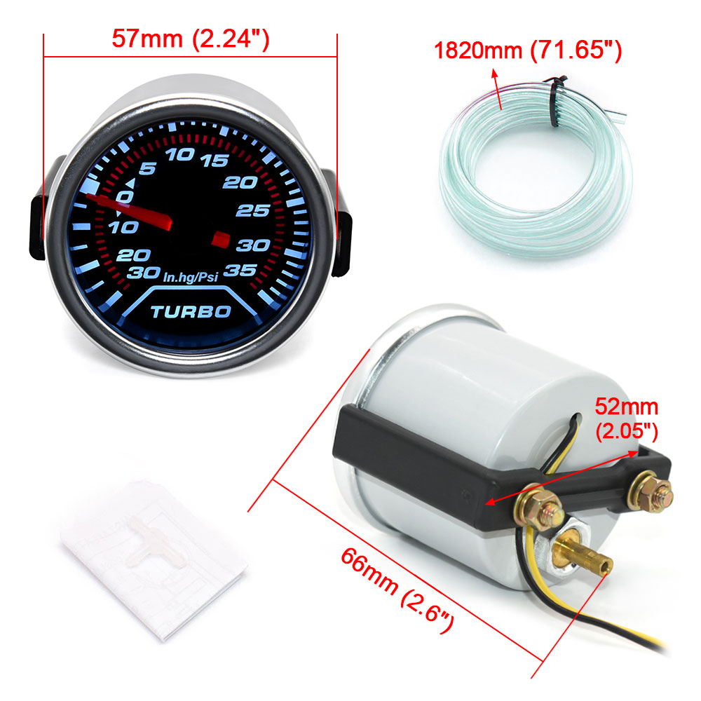 2 "52mm universal 12v led fumaça len-1 ~ 0 ~ 2 bar turbo boost medidor/turbo boost medidor com luz de fundo led branca para carro 12v