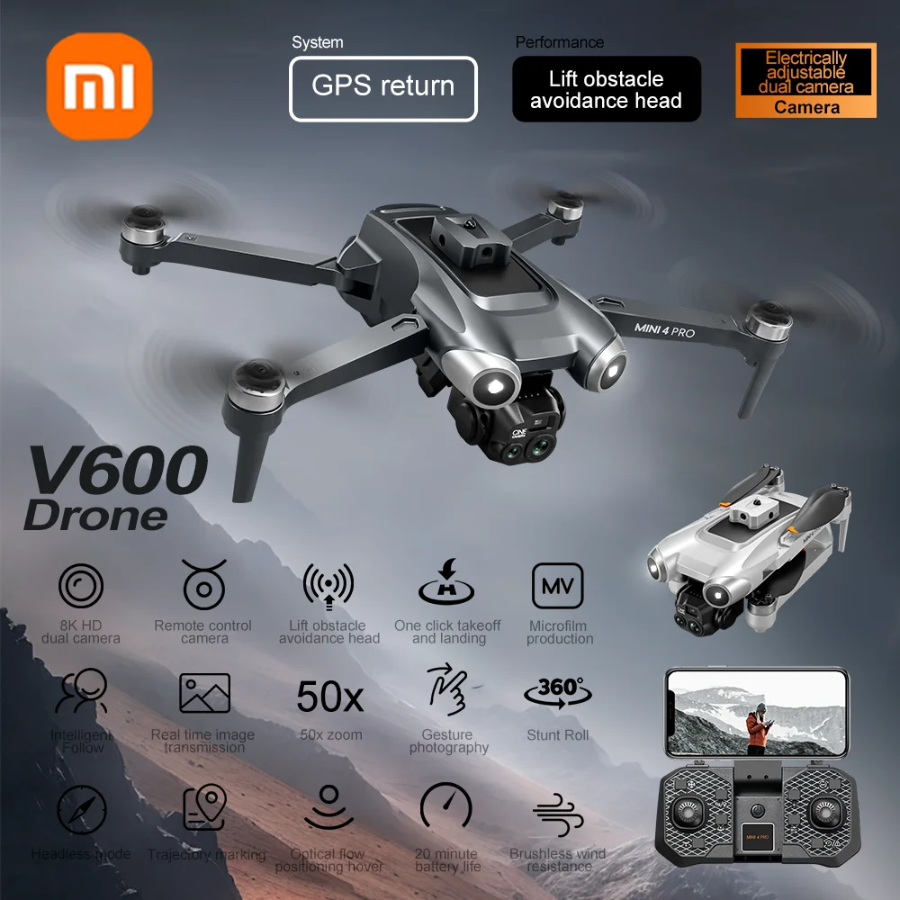 Xiaomi V600 Drone Mini 4 pro max profesional HD cámaras duales flujo óptico posicionamiento evitación WIFI UAV GPS Quadcopter 2024 nuevo