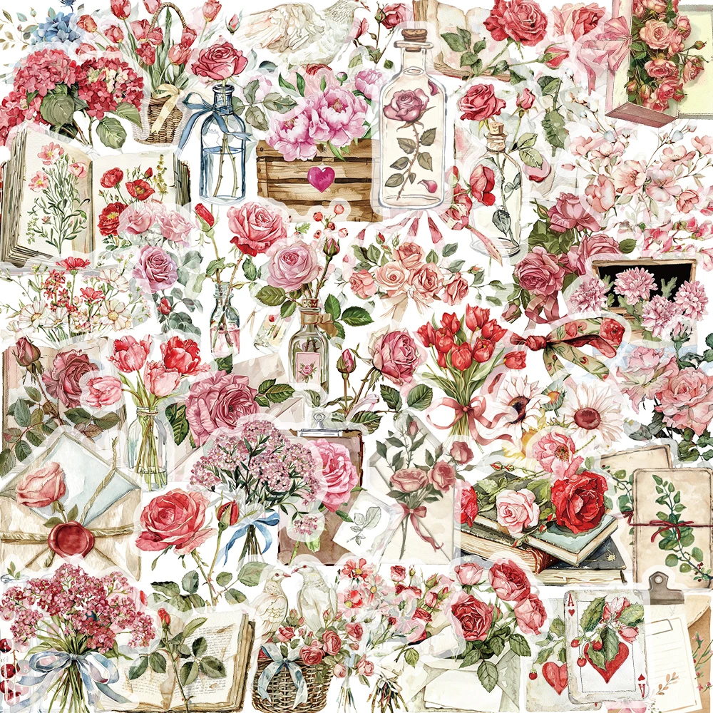 50 pezzi adesivi floreali fiore decalcomanie decorative naturali adesivo PET impermeabile estetico per bottiglia d'acqua per notebook journaling