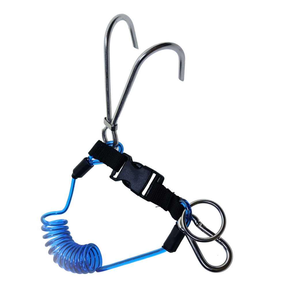 316SS Reef Drift Hook Spring Anti-Lost Rope Double End Diving Hook with Spiral Coil Lanyard Scuba Current Reef Hook