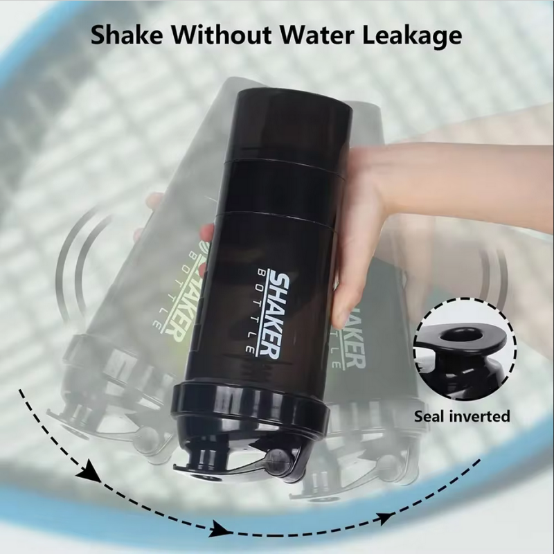 3-lagige Shaker-Proteinflasche, Pulver-Shake-Becher, Wasserflasche, Kunststoff-Mischbecher, Bodybuilding-Übungsflasche