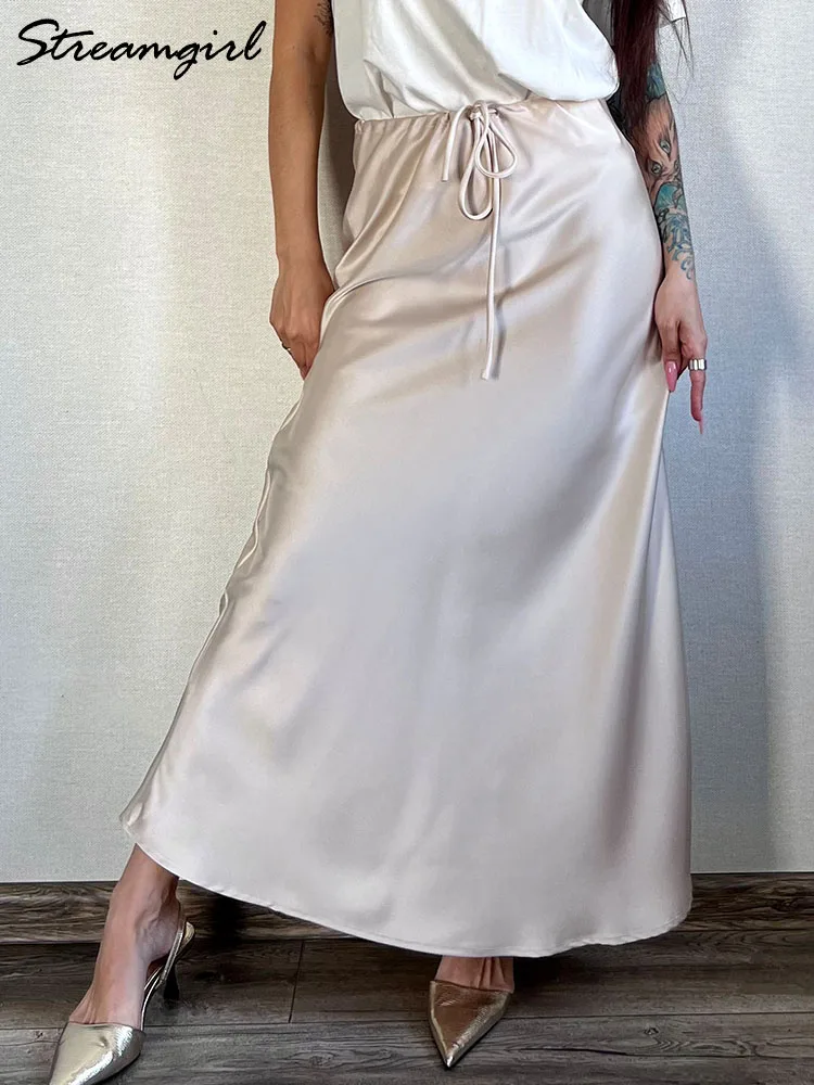Faldas largas color champán para mujer, falda elegante de satén de lujo, faldas largas de color Beige con corte en A, color verde militar, otoño 2024