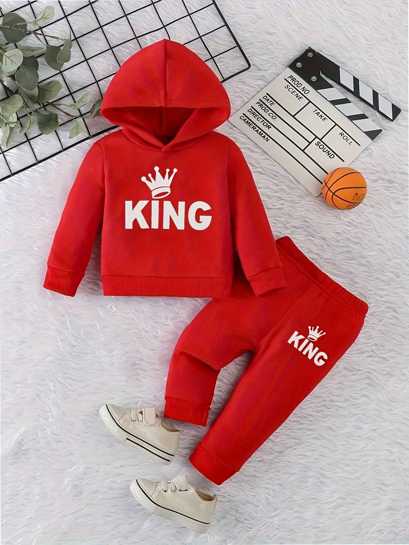 Baby Boy KING Crown Pattern Fleece Hoodie+Casual Pants Two Piece Set Spring and Autumn Sportswear