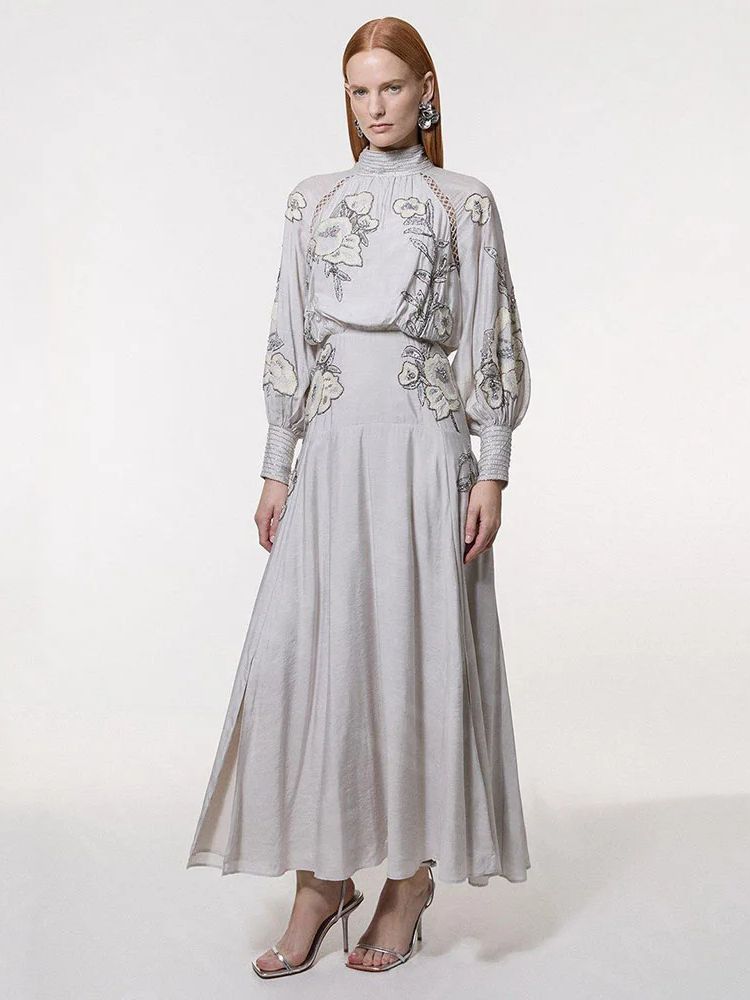 Customized Vintage Silver Prom Dresses Ankle Length Wedding Party Dresses Long Sleeves High Neck Evening Gowns 2025 Side Slit