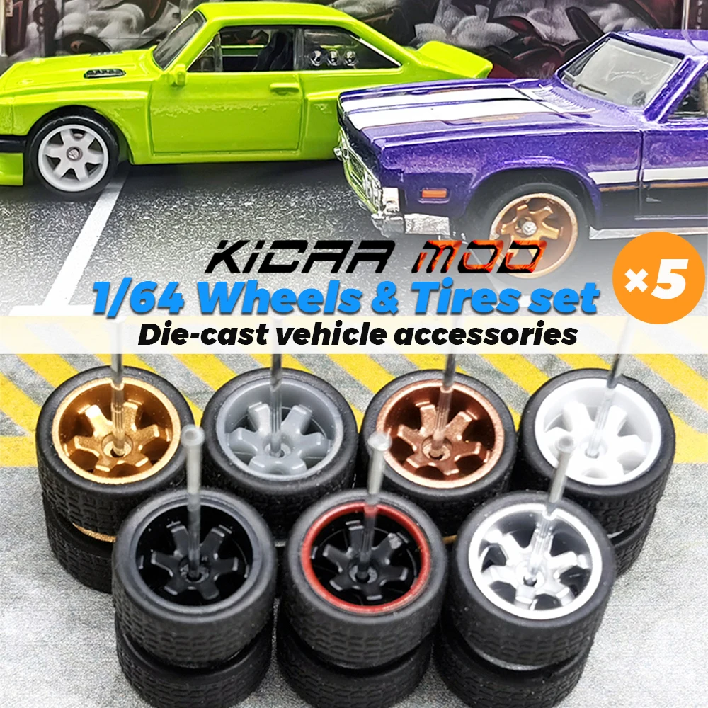 Koła 1/64 ze stałymi czarnymi gumowymi oponami z sześcioma szprychami do modeli zabawkowych Odlewane części do samochodów Hotwheels (5 zestawów dla 5 samochodów)