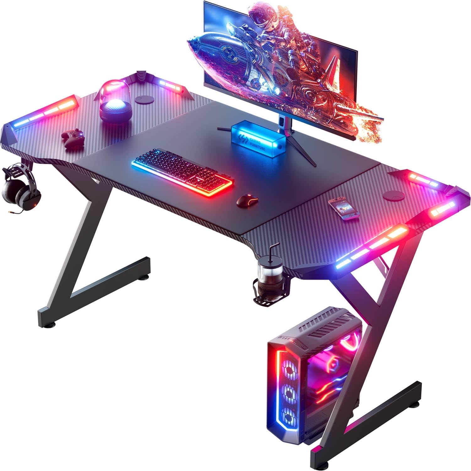 Gaming Schreibtisch 120 x 60 cm, Gaming Tisch mit LED, Estabilizador PC Tisch mit Kohlefaserbeschichtung, Gamer Tisch mit