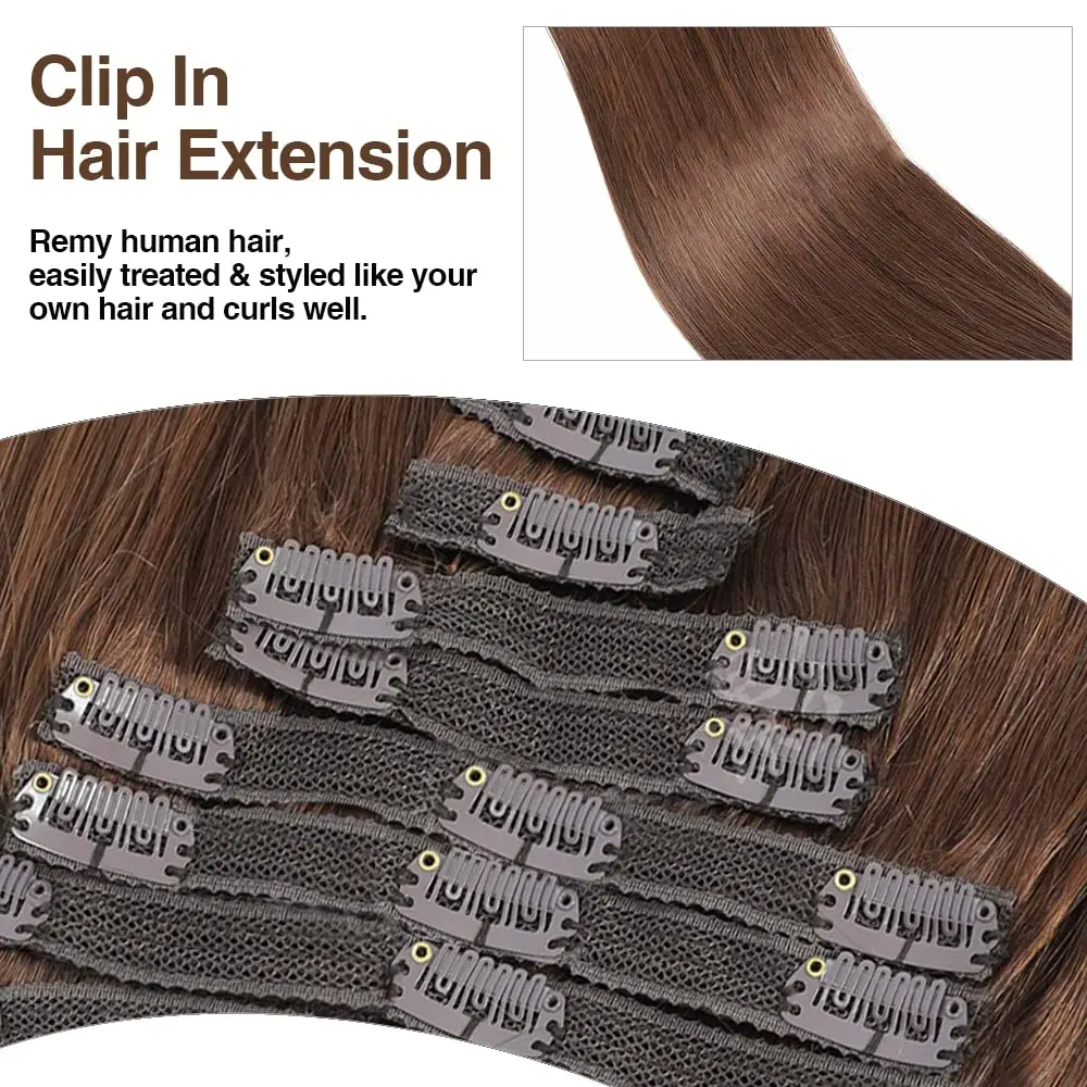 Grampo em extensões de cabelo cor de cabelo humano real # 4 grampos castanho chocolate em extensões de cabelo 8 peças de cabelo cor preta natural 24 polegadas