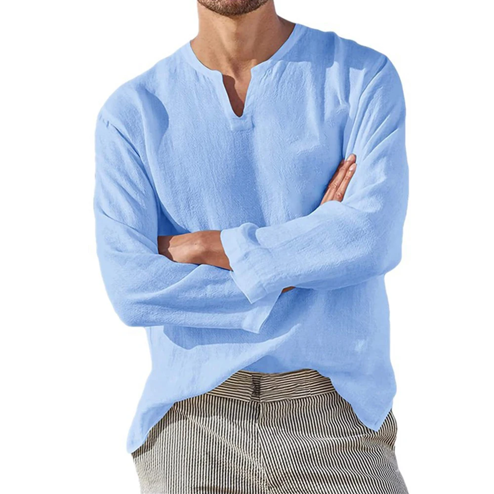 Camicia da uomo in cotone e lino Breve traspirante Comodo tinta unita Manica lunga Scollo a V Camicetta casual Camicia hawaiana Top oversize
