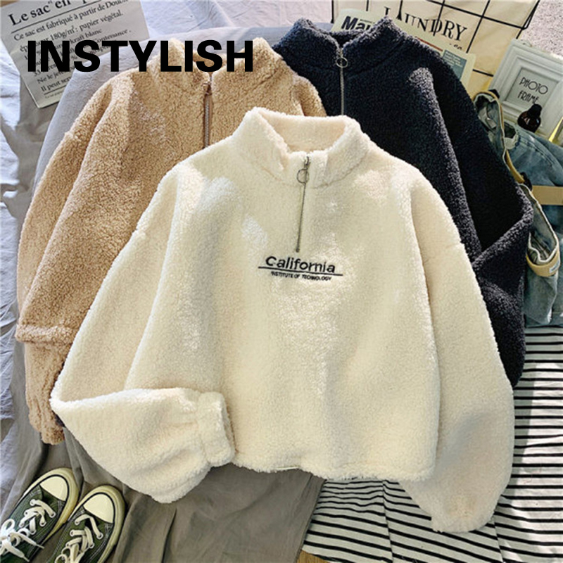 Frauen Stehen Neck Fleece Cropped Hoodies Herbst Brief Stickerei Langarm Kordelzug Sweatshirt Elegante Plüsch Samt Tops