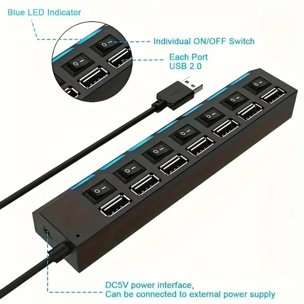4/7 Ports LED High Speed USB 2.0 Hub 5Gbps Multi Ports USB Power Adapter Expander USB Splitter With Switch For Laptop Computer