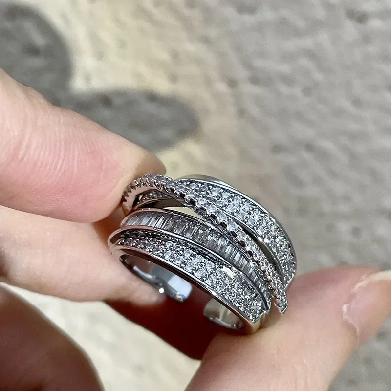 Anillo de diamantes de imitación de Color plateado 2024, anillos bobinados multicapa para mujer, anillos de dedo repleto de circón para boda, regalos de joyería de moda
