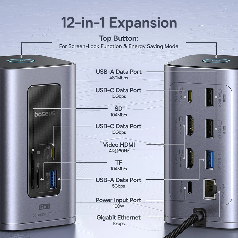 Baseus 12-in-1 USB C HUB auf HDMI 4K@60Hz Dual Display USB 3.2 Adapter mit RJ45 SD TF PD 100W Dockingstation für Windows Mac Hub