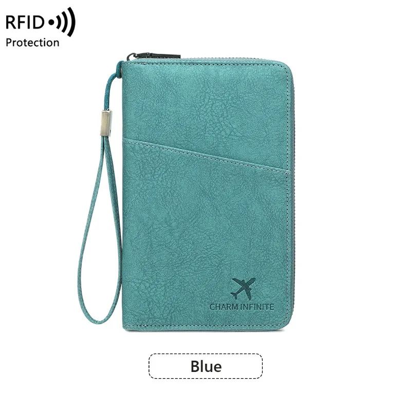 Bolsa para passaporte com bloqueio RFID, porta documentos de viagem e carteira de armazenamento de bilhetes com zíper longo, passaportes múltiplos